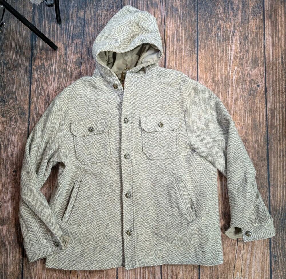 VTG Woolrich Reversible Herringbone Tweed Coat Mens XL Hooded 100% Wool 60s